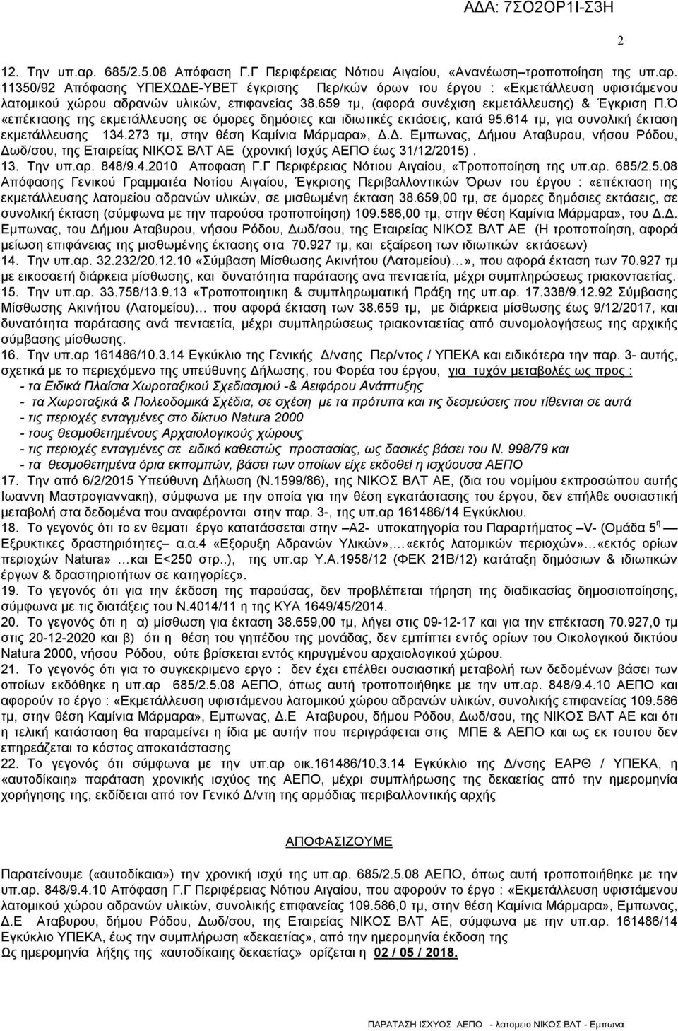 273 τμ, στην θέση Καμίνια Μάρμαρα», Δ.Δ. Εμπωνας, Δήμου Αταβυρου, νήσου Ρόδου, Δωδ/σου, της Εταιρείας ΝΙΚΟΣ ΒΛΤ ΑΕ (χρονική Ισχύς ΑΕΠΟ έως 31/12/2015). 13. Την υπ.αρ. 848/9.4.2010 Αποφαση Γ.