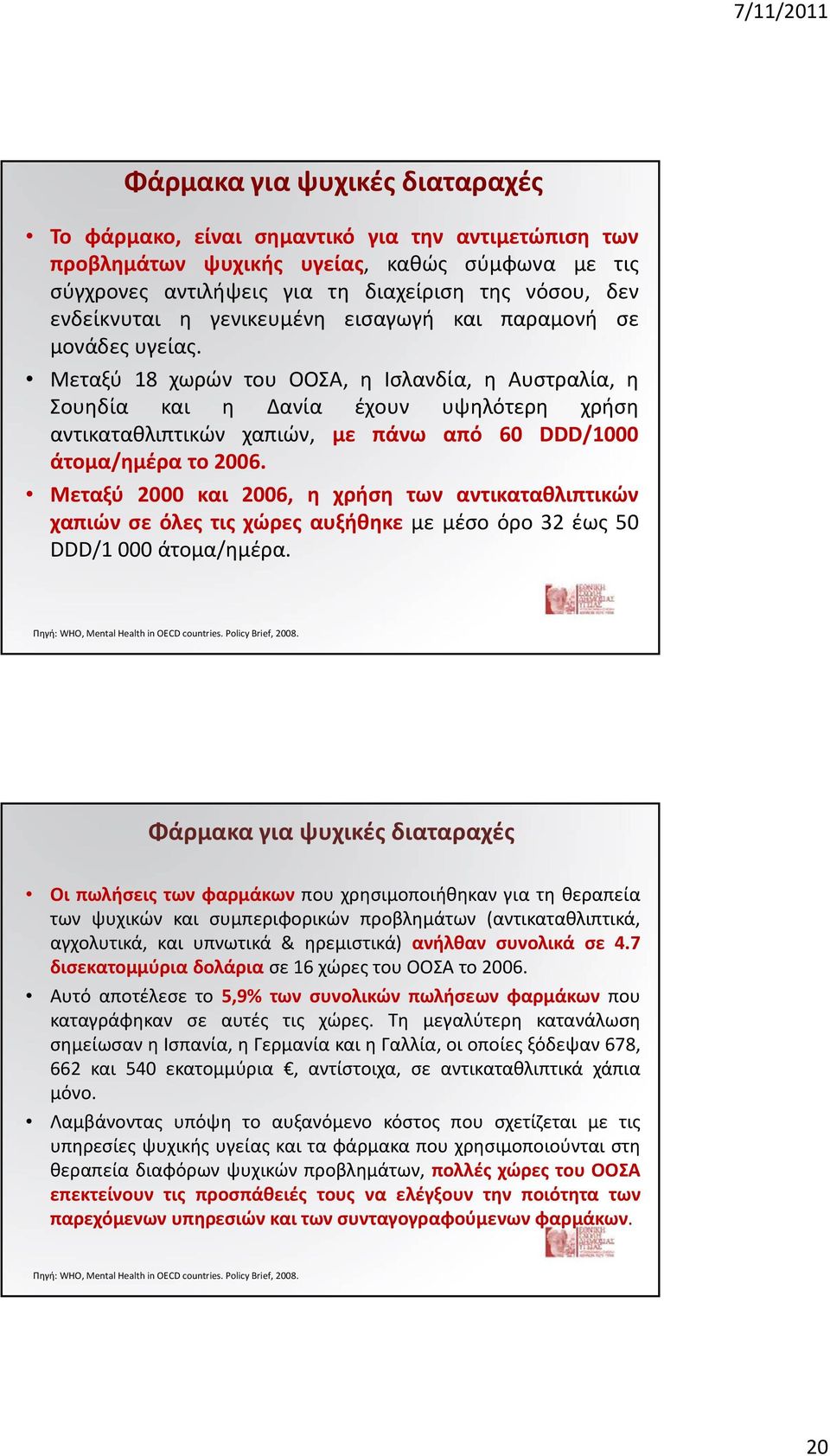 Μεταξύ 18 χωρών του ΟΟΣΑ, η Ισλανδία, η Αυστραλία, η Σουηδία και η Δανία έχουν υψηλότερη χρήση αντικαταθλιπτικών χαπιών, με πάνω από 60 DDD/1000 άτομα/ημέρα το 2006.