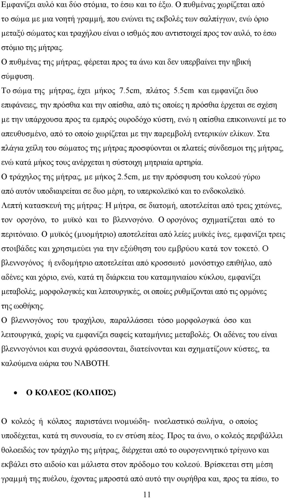 Ο πυθµένας της µήτρας, φέρεται προς τα άνω και δεν υπερβαίνει την ηβική σύµφυση. Το σώµα της µήτρας, έχει µήκος 7.5cm, πλάτος 5.