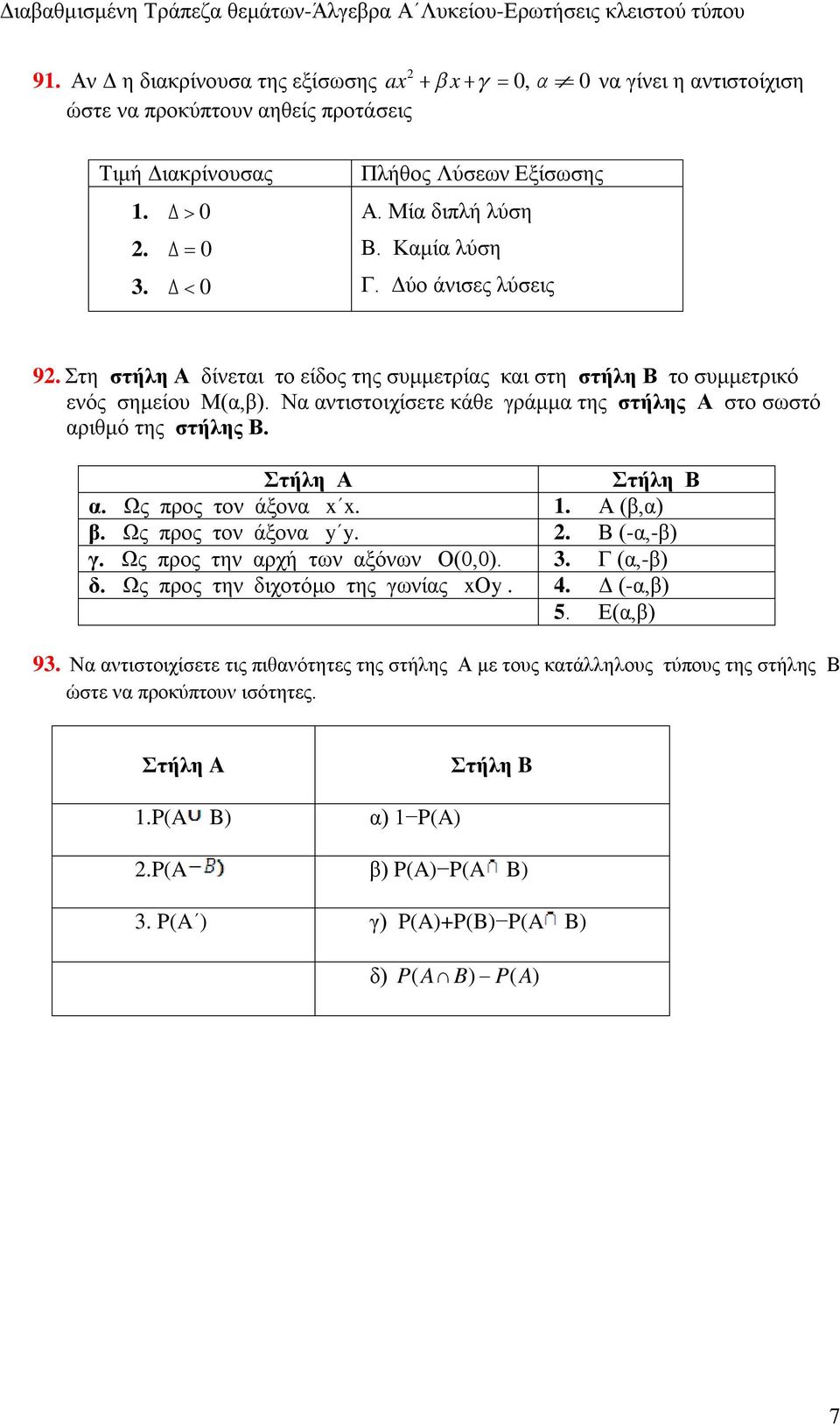 Στήλη Α Στήλη Β α. Ως προς τον άξονα x x. 1. Α (β,α) β. Ως προς τον άξονα y y.. Β (-α,-β) γ. Ως προς την αρχή των αξόνων Ο(0,0). 3. Γ (α,-β) δ. Ως προς την διχοτόμο της γωνίας xοy. 4. Δ (-α,β) 5.