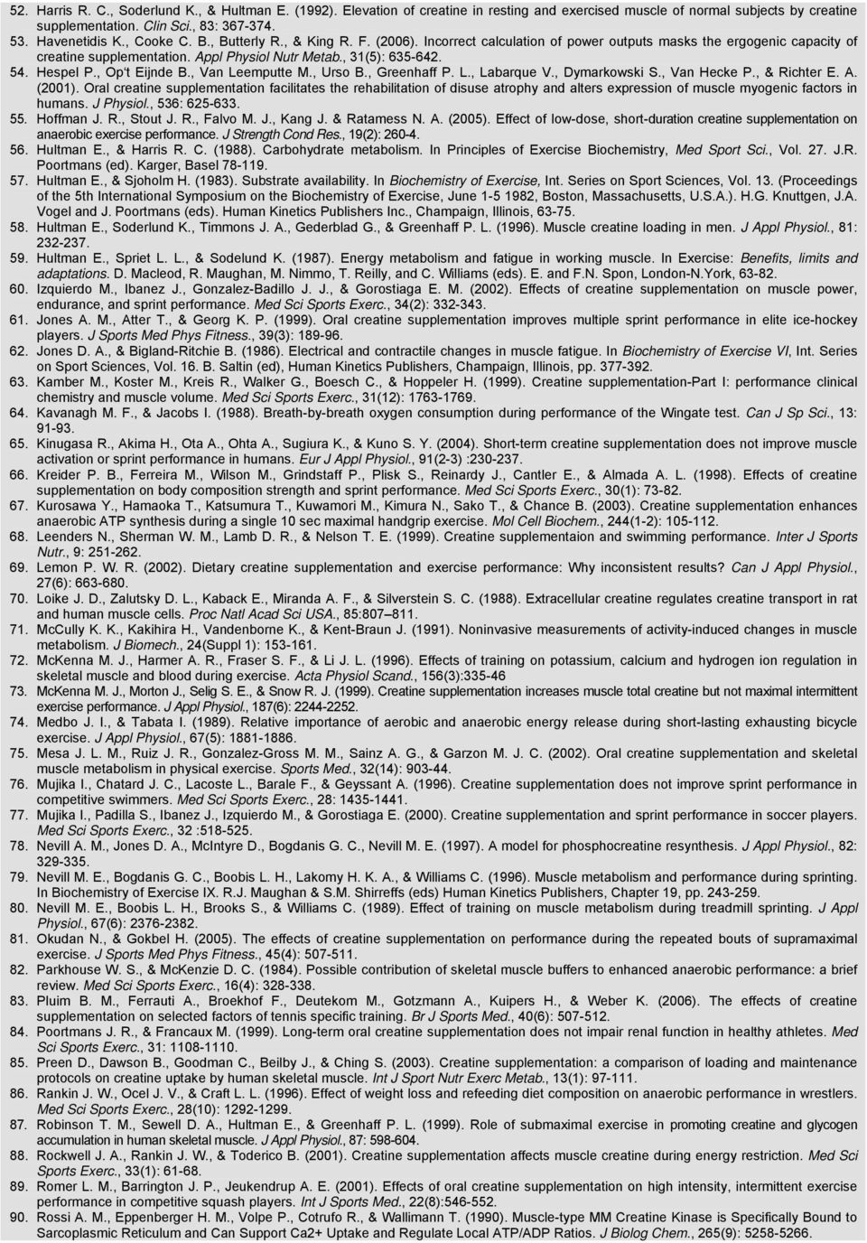 Hespel P., Op t Eijnde B., Van Leemputte M., Urso B., Greenhaff P. L., Labarque V., Dymarkowski S., Van Hecke P., & Richter E. A. (2001).