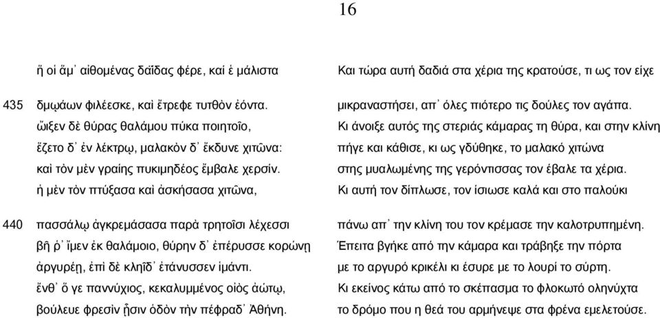 ἡ μὲν τὸν πτύξασα καὶ ἀσκήσασα χιτῶνα, 440 πασσάλῳ ἀγκρεμάσασα παρὰ τρητοῖσι λέχεσσι βῆ ῥ ἴμεν ἐκ θαλάμοιο, θύρην δ ἐπέρυσσε κορώνῃ ἀργυρέῃ, ἐπὶ δὲ κληῖδ ἐτάνυσσεν ἱμάντι.