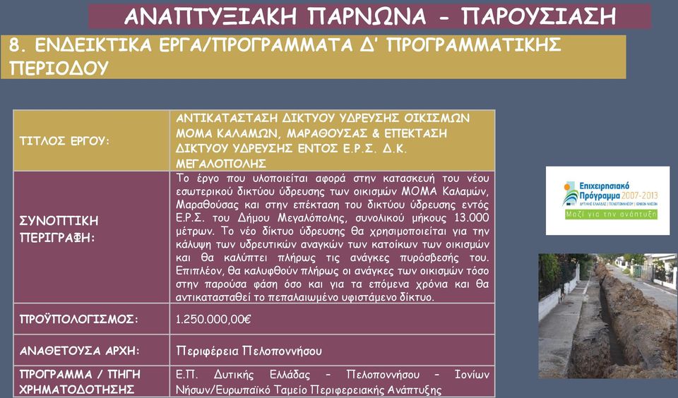 Το νέο δίκτυο ύδρευσης θα χρησιμοποιείται για την κάλυψη των υδρευτικών αναγκών των κατοίκων των οικισμών και θα καλύπτει πλήρως τις ανάγκες πυρόσβεσής του.