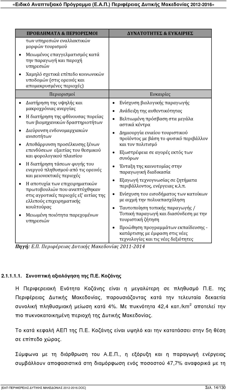 προσέλκυσης ξένων επενδύσεων εξαιτίας του θεσμικού και φορολογικού πλαισίου Η διατήρηση τάσεων φυγής του ενεργού πληθυσμού από τις ορεινές και μειονεκτικές περιοχές Η αποτυχία των επιχειρηματικών