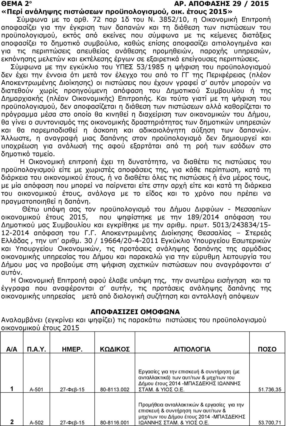 συμβούλιο, καθώς επίσης αποφασίζει αιτιολογημένα και για τις περιπτώσεις απευθείας ανάθεσης προμηθειών, παροχής υπηρεσιών, εκπόνησης μελετών και εκτέλεσης έργων σε εξαιρετικά επείγουσες περιπτώσεις.