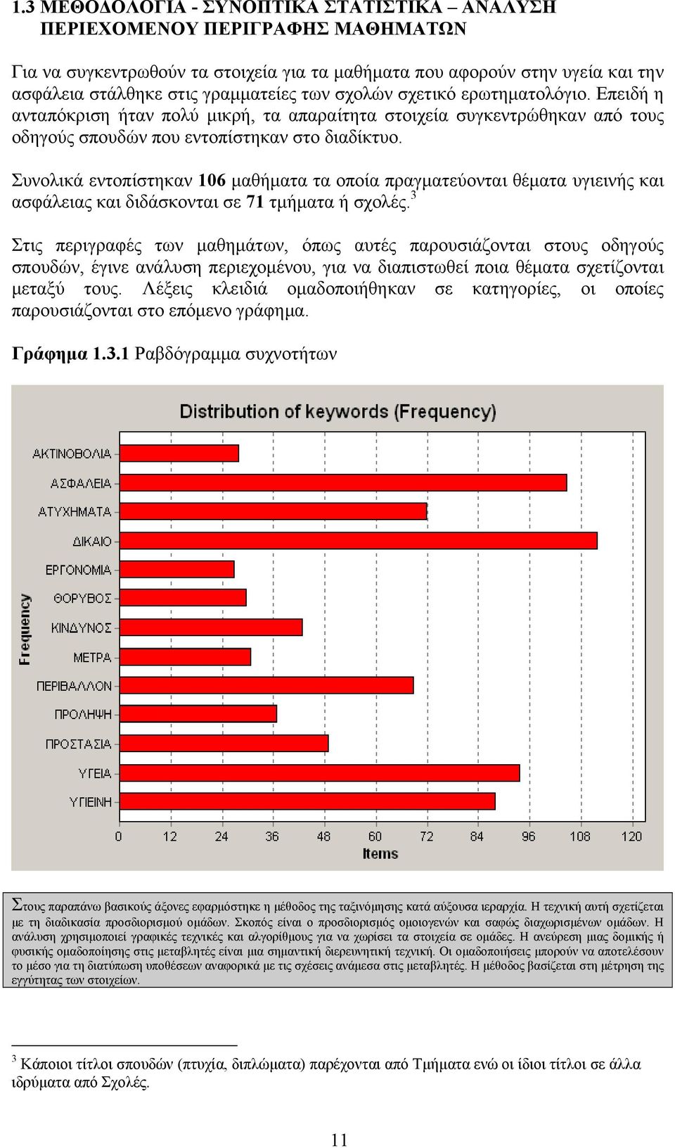 Συνολικά εντοπίστηκαν 106 μαθήματα τα οποία πραγματεύονται θέματα υγιεινής και ασφάλειας και διδάσκονται σε 71 τμήματα ή σχολές.