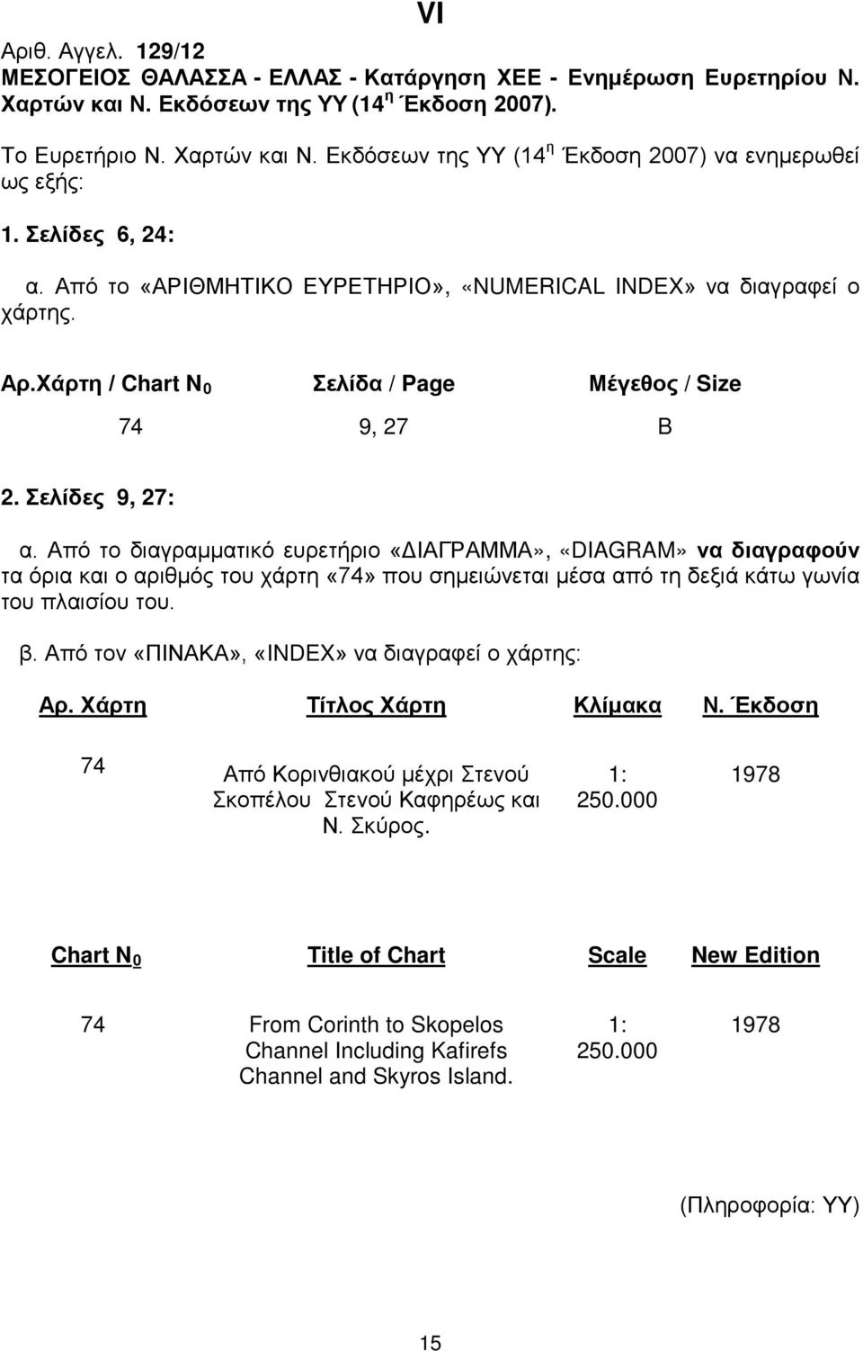 Από το διαγραμματικό ευρετήριο «ΔΙΑΓΡΑΜΜΑ», «DIAGRAM» να διαγραφούν τα όρια και ο αριθμός του χάρτη «74» που σημειώνεται μέσα από τη δεξιά κάτω γωνία του πλαισίου του. β.