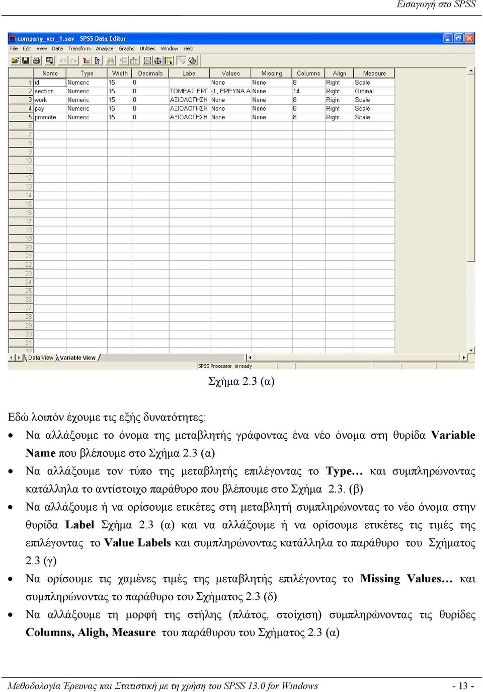 3 (α) και να αλλάξουμε ή να ορίσουμε ετικέτες τις τιμές της επιλέγοντας το Value Labels και συμπληρώνοντας κατάλληλα το παράθυρο του Σχήματος 2.