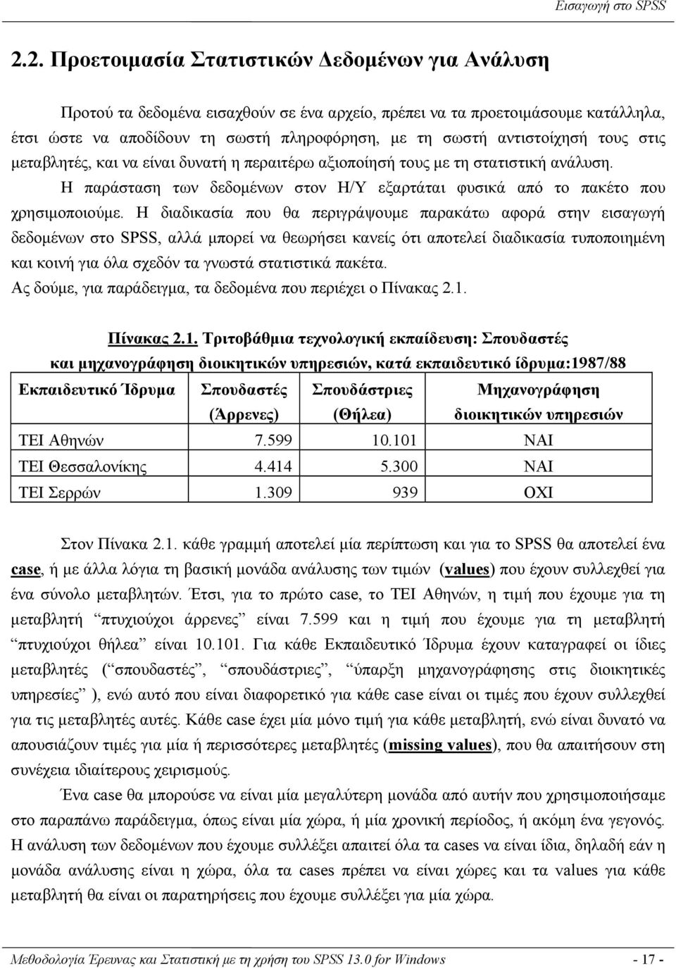 αντιστοίχησή τους στις μεταβλητές, και να είναι δυνατή η περαιτέρω αξιοποίησή τους με τη στατιστική ανάλυση. Η παράσταση των δεδομένων στον Η/Υ εξαρτάται φυσικά από το πακέτο που χρησιμοποιούμε.