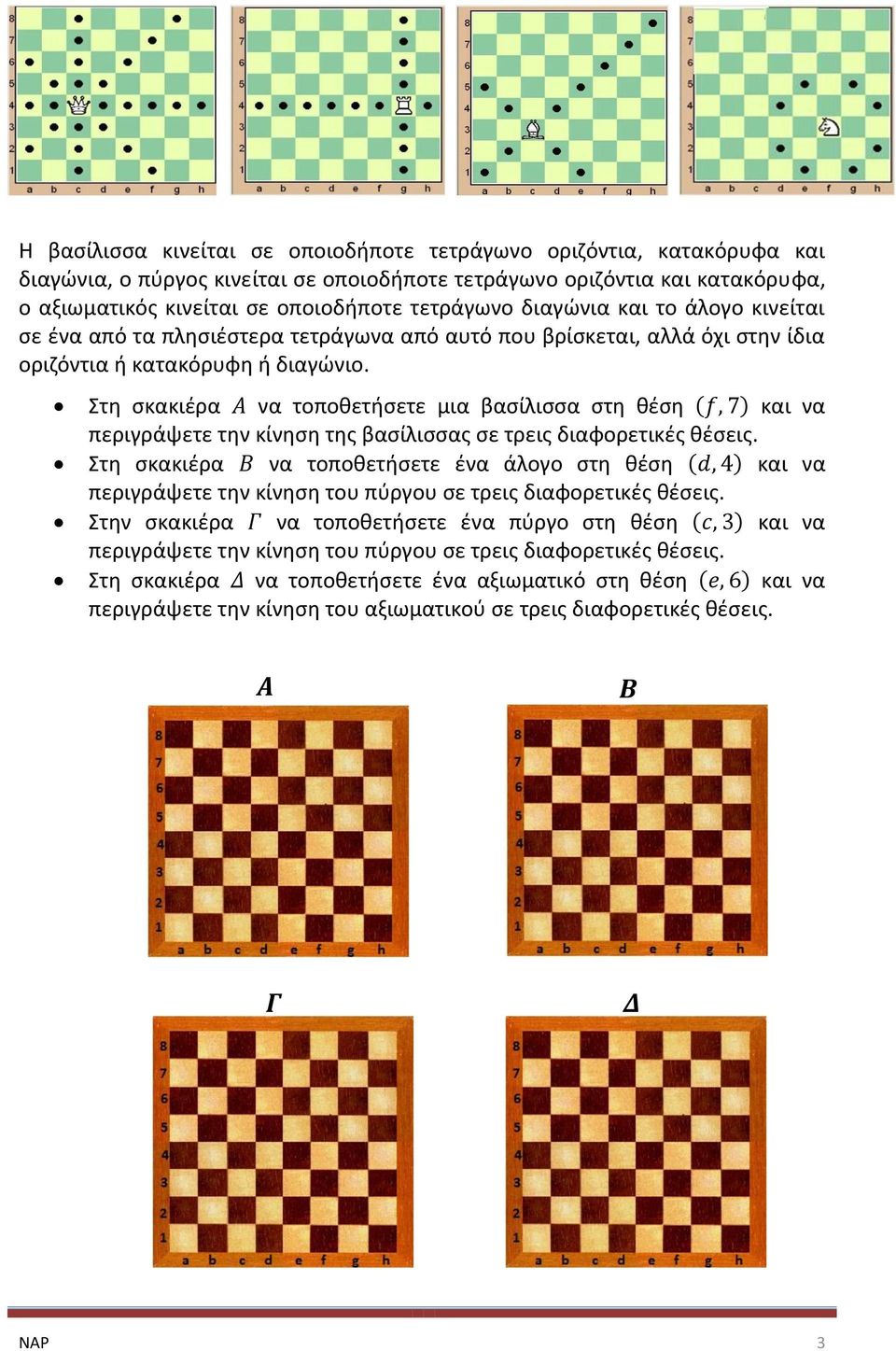 Στη σκακιέρα να τοποθετήσετε μια βασίλισσα στη θέση ( ) και να περιγράψετε την κίνηση της βασίλισσας σε τρεις διαφορετικές θέσεις.
