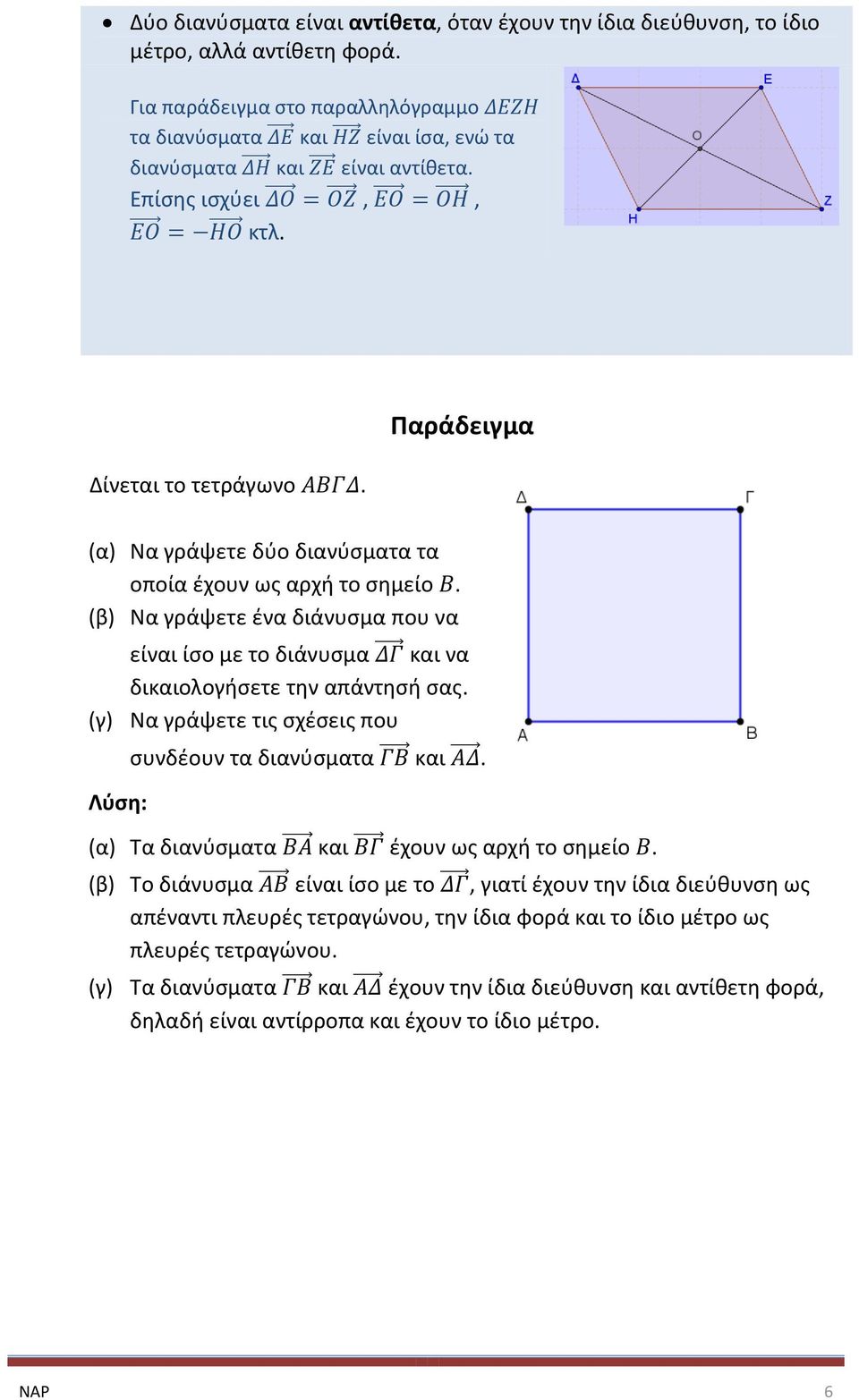 (β) Να γράψετε ένα διάνυσμα που να είναι ίσο με το διάνυσμα και να δικαιολογήσετε την απάντησή σας. (γ) Να γράψετε τις σχέσεις που Λύση: συνδέουν τα διανύσματα και.