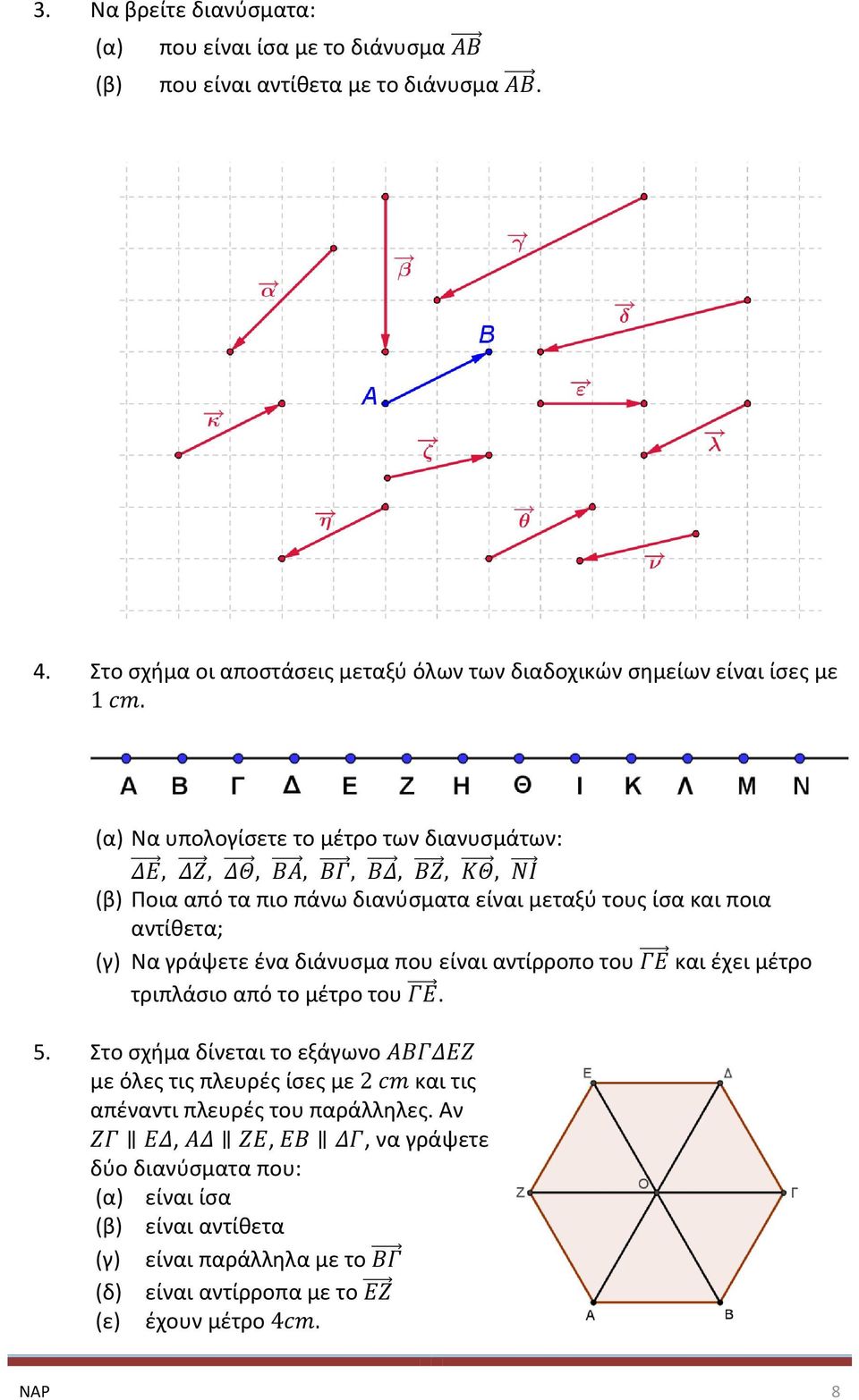 είναι μεταξύ τους ίσα και ποια αντίθετα; (γ) Να γράψετε ένα διάνυσμα που είναι αντίρροπο του και έχει μέτρο τριπλάσιο από το μέτρο του. 5.