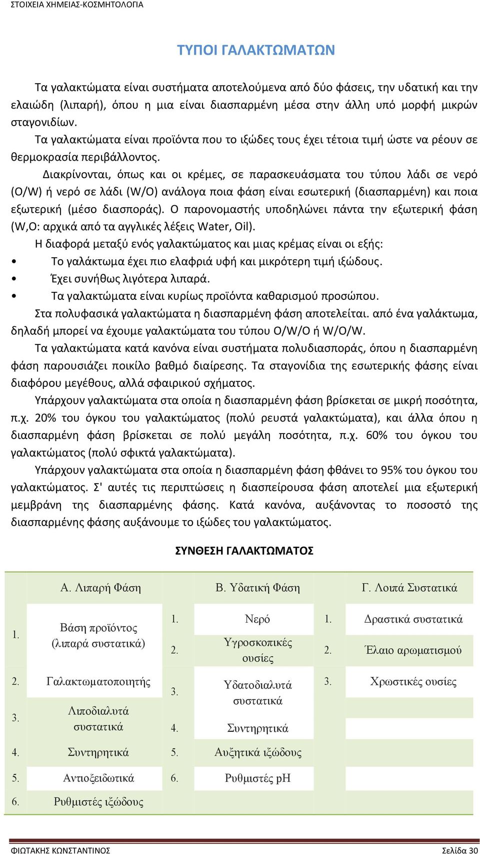 Διακρίνονται, όπως και οι κρέμες, σε παρασκευάσματα του τύπου λάδι σε νερό (O/W) ή νερό σε λάδι (W/O) ανάλογα ποια φάση είναι εσωτερική (διασπαρμένη) και ποια εξωτερική (μέσο διασποράς).