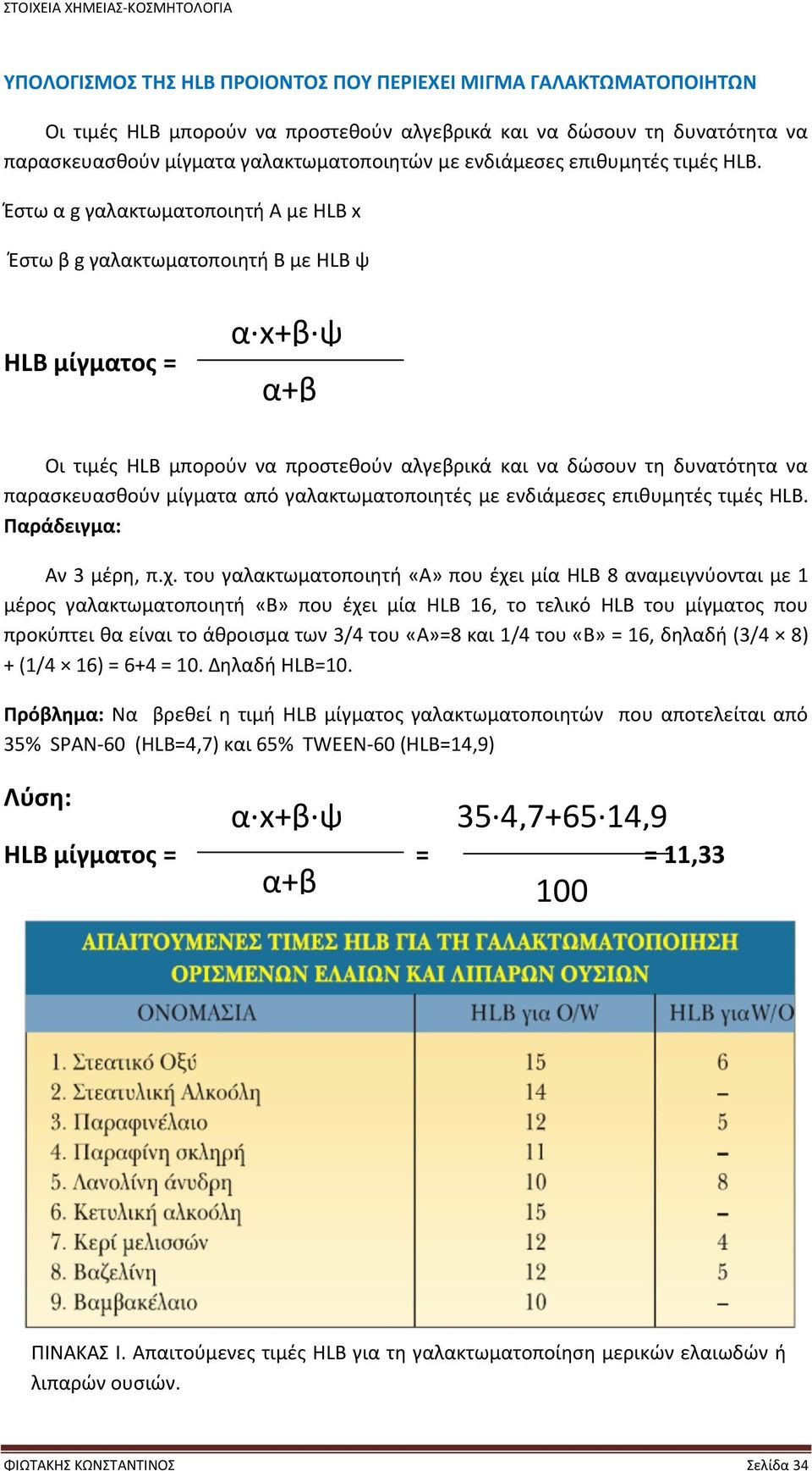 Έστω α g γαλακτωματοποιητή Α με HLB x Έστω β g γαλακτωματοποιητή Β με HLB ψ HLB μίγματος = α x+β ψ α+β Οι τιμές HLB μπορούν να προστεθούν αλγεβρικά και να δώσουν τη δυνατότητα να παρασκευασθούν