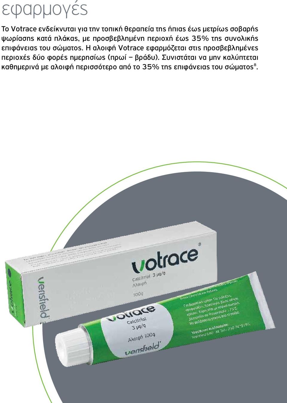 Η αλοιφή Votrace εφαρμόζεται στις προσβεβλημένες περιοχές δύο φορές ημερησίως (πρωί βράδυ).