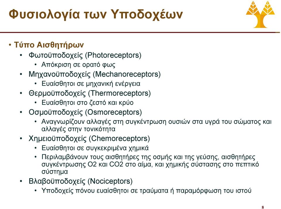 αλλαγές στην τονικότητα Χημειοϋποδοχείς (Chemoreceptors) Ευαίσθητοι σε συγκεκριμένα χημικά Περιλαμβάνουν τους αισθητήρες της οσμής και της γεύσης, αισθητήρες