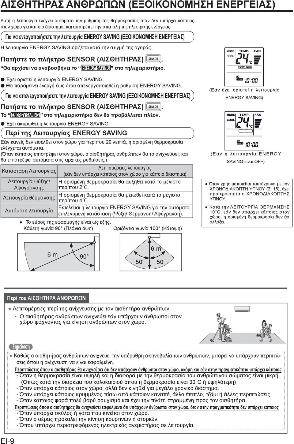 Πατήστε το πλήκτρο SENSOR (ΑΙΣΘΗΤΗΡΑΣ). Θα αρχίσει να αναβοσβήνει το στο τηλεχειριστήριο. Έχει οριστεί η λειτουργία ENERGY SAVING.