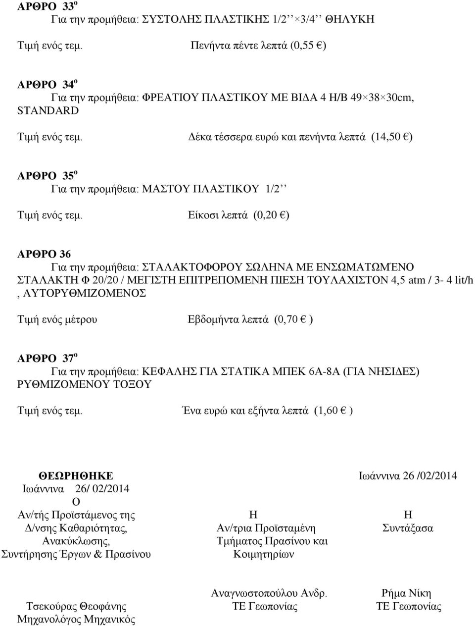 Δέκα τέσσερα ευρώ και πενήντα λεπτά (14,50 ) ΑΡΘΡΟ 35 ο Για την προμήθεια: ΜΑΣΤΟΥ ΠΛΑΣΤΙΚΟΥ 1/2 Τιμή ενός τεμ.