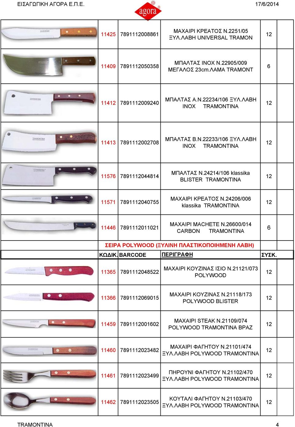 2420/00 klassika ΤRAMONTINA 1144 78911011021 ΜΑΧΑΙΡΙ MACHETE N.20/014 CARBON ΣΕΙΡΑ POLYWOOD (ΞΥΛΙΝΗ ΠΛΑΣΤΙΚΟΠΟΙΗΜΕΝΗ ΛΑΒΗ) ΚΩ ΙΚ. BARCODE ΠΕΡΙΓΡΑΦΗ ΣΥΣΚ. 1135 78911048522 ΜΑΧΑΙΡΙ ΚΟΥΖΙΝΑΣ ΙΣΙΟ Ν.