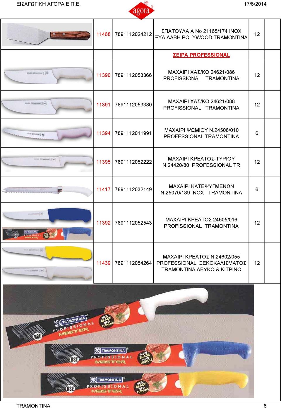 PROFISSIONAL 11394 78911011991 ΜΑΧΑΙΡΙ ΨΩΜΙΟΥ Ν.24508/010 PROFESSIONAL 11395 78911052222 ΜΑΧΑΙΡΙ ΚΡΕΑΤΟΣ-ΤΥΡΙΟΥ Ν.