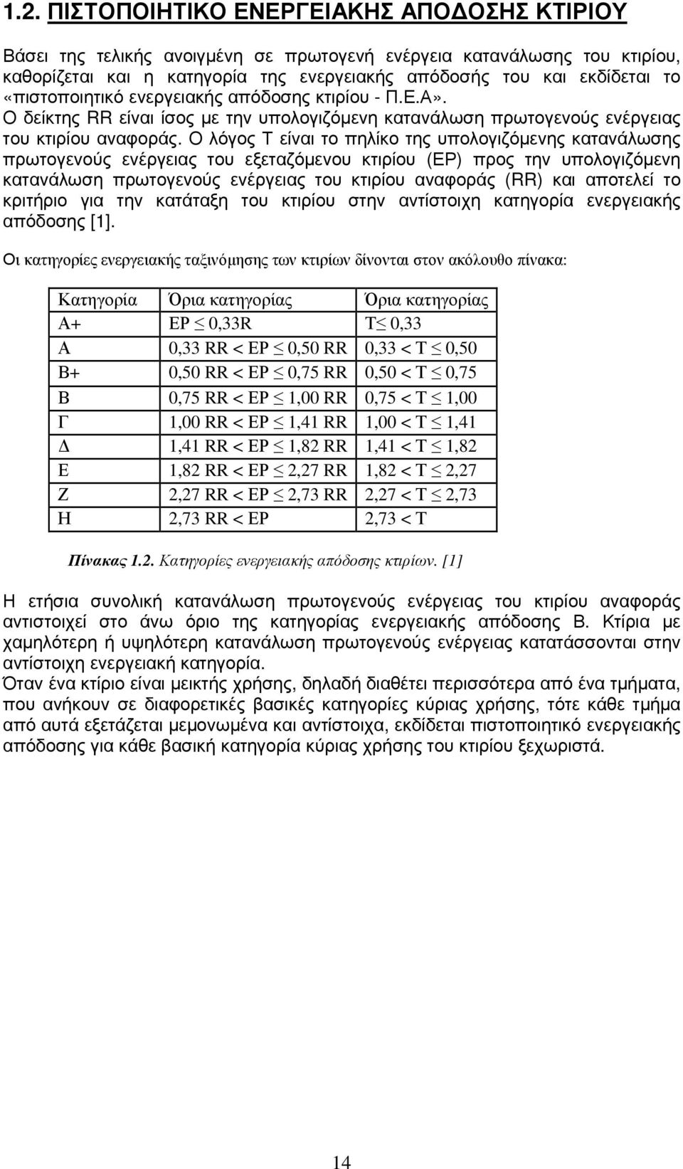 Ο λόγος Τ είναι το πηλίκο της υπολογιζόµενης κατανάλωσης πρωτογενούς ενέργειας του εξεταζόµενου κτιρίου (ΕΡ) προς την υπολογιζόµενη κατανάλωση πρωτογενούς ενέργειας του κτιρίου αναφοράς (RR) και