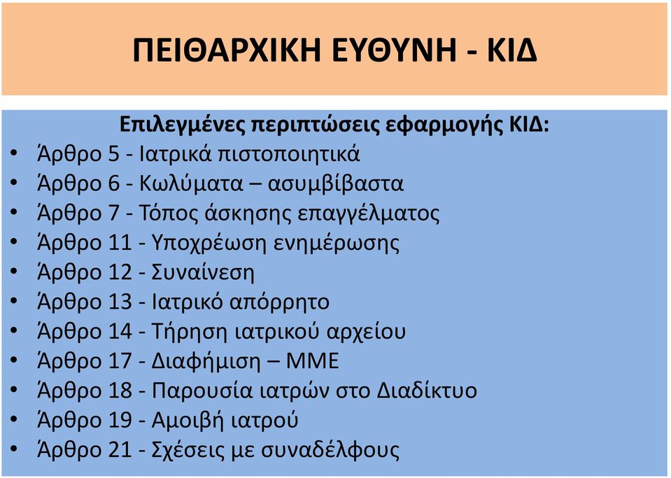 12 - Συναίνεση Άρθρο 13 - Ιατρικό απόρρητο Άρθρο 14 - Τήρηση ιατρικού αρχείου Άρθρο 17 - Διαφήμιση