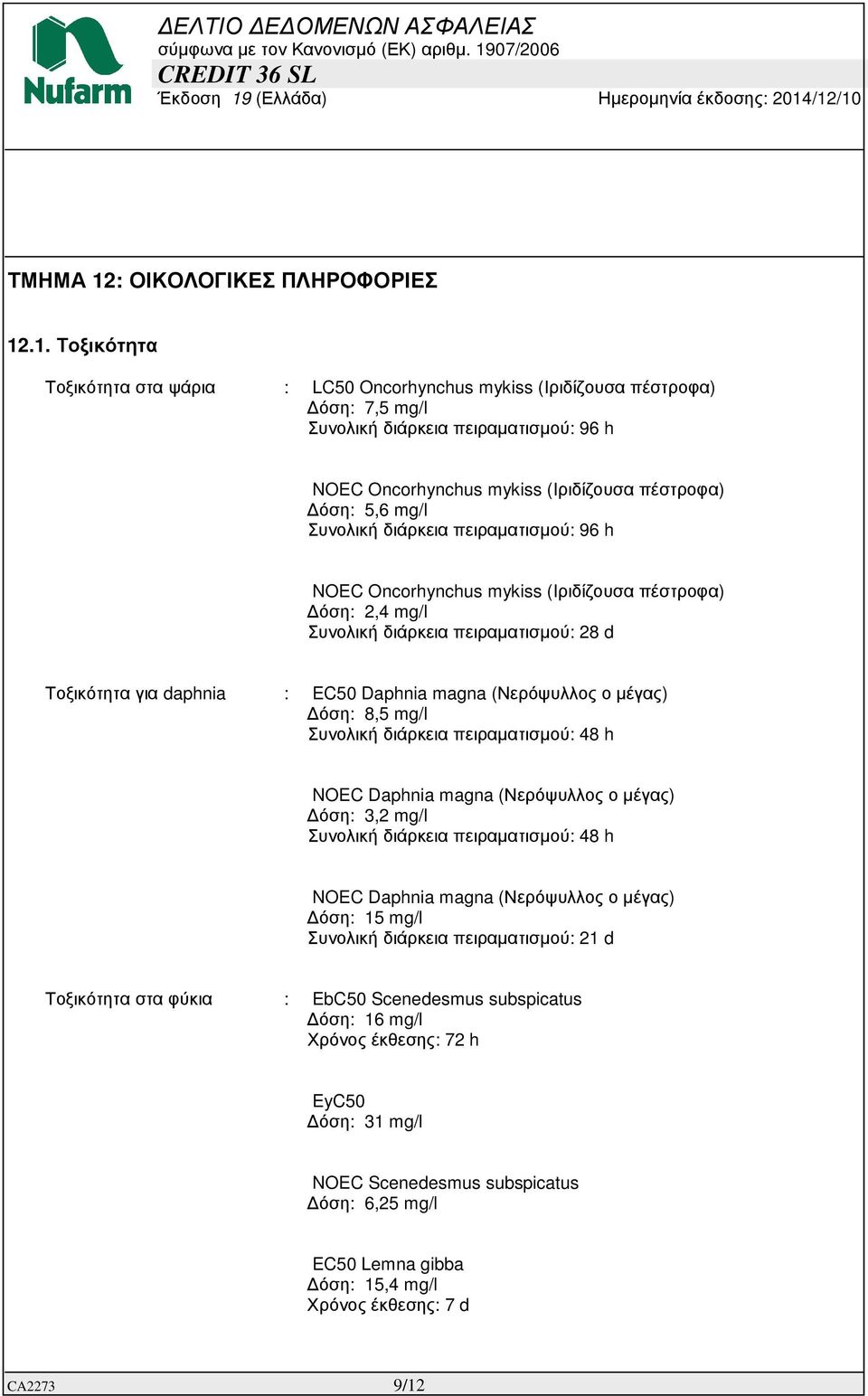 .1. Τοξικότητα Τοξικότητα στα ψάρια : LC50 Oncorhynchus mykiss (Ιριδίζουσα πέστροφα) όση: 7,5 mg/l Συνολική διάρκεια πειραµατισµού: 96 h NOEC Oncorhynchus mykiss (Ιριδίζουσα πέστροφα) όση: 5,6 mg/l