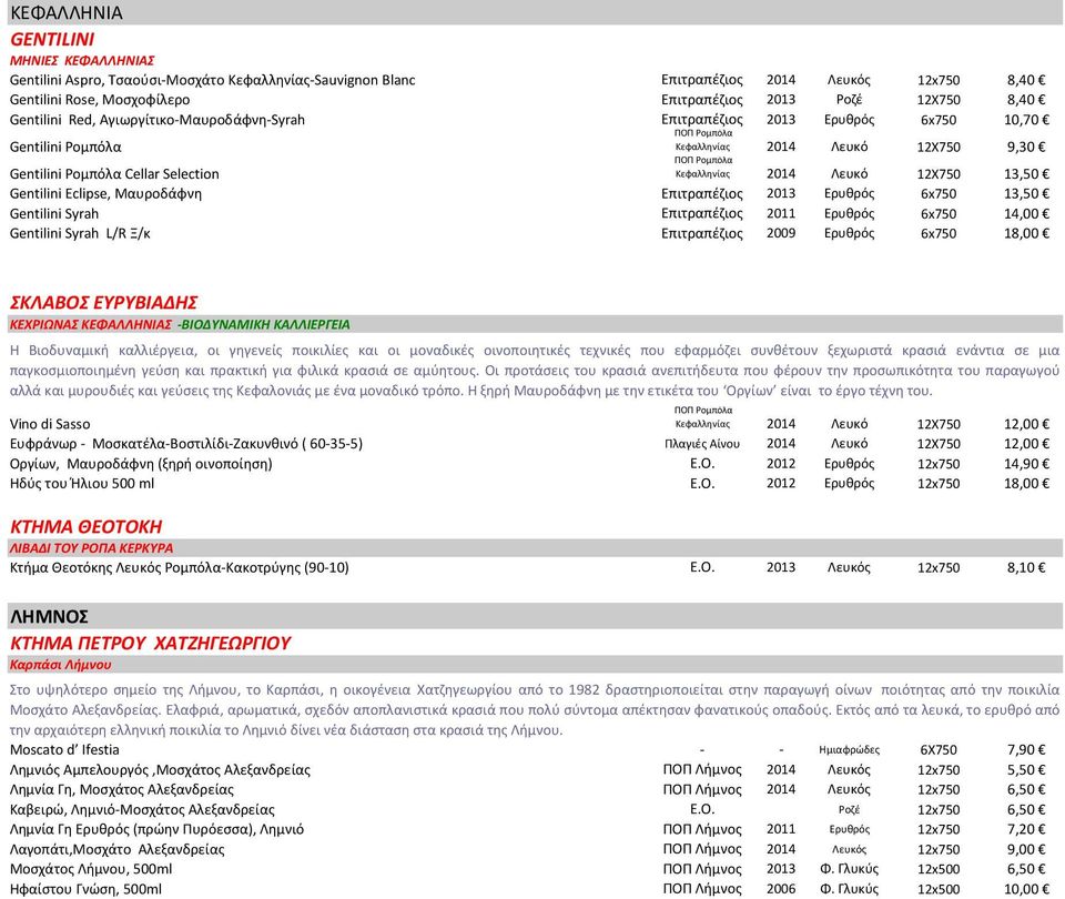 Κεφαλλθνίασ 2014 Λευκό 12Χ750 13,50 Gentilini Eclipse, Μαυροδάφνθ Επιτραπζηιοσ 2013 Ερυκρόσ 6x750 13,50 Gentilini Syrah Επιτραπζηιοσ 2011 Ερυκρόσ 6x750 14,00 Gentilini Syrah L/R Ξ/κ Επιτραπζηιοσ 2009