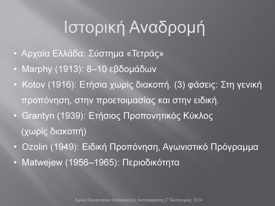 (3) φάσεις: Στη γενική προπόνηση, στην προετοιμασίας και στην ειδική.