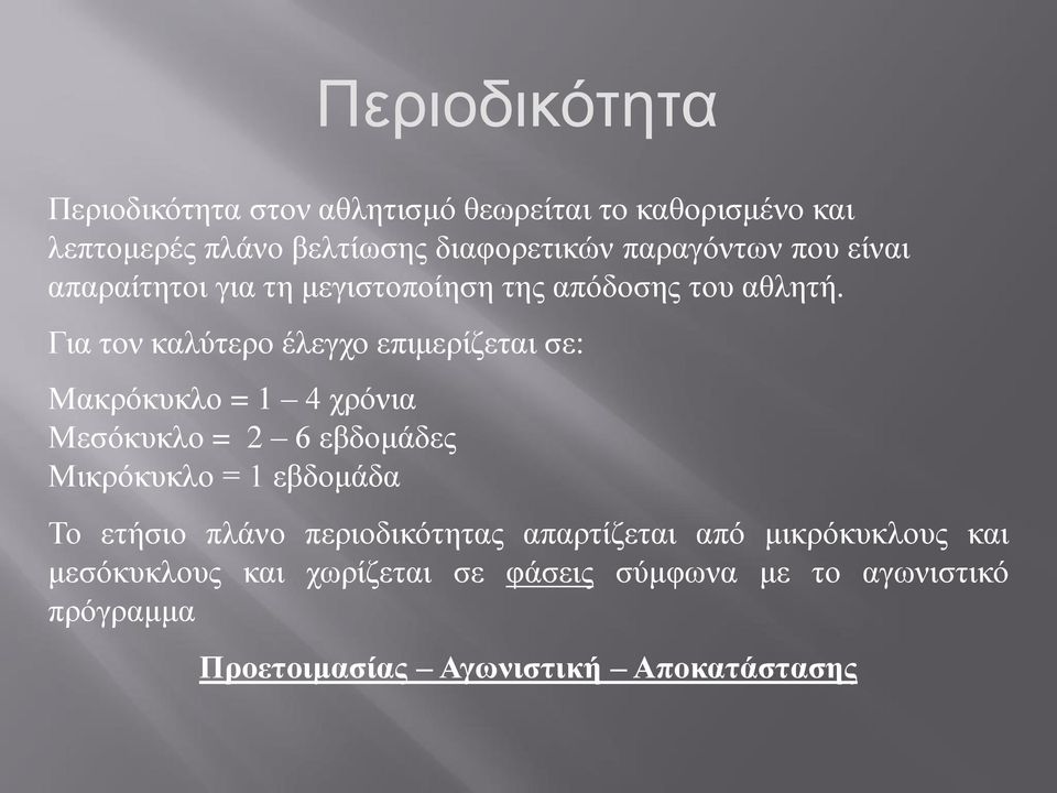 Για τον καλύτερο έλεγχο επιμερίζεται σε: Μακρόκυκλο = 1 4 χρόνια Μεσόκυκλο = 2 6 εβδομάδες Μικρόκυκλο = 1 εβδομάδα Το