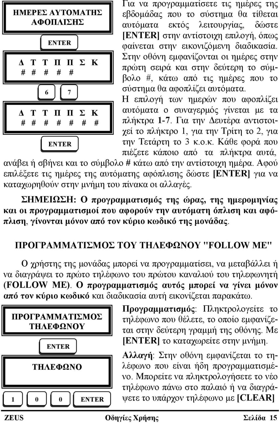 Στην οθόνη εμφανίζονται οι ημέρες στην πρώτη σειρά και στην δεύτερη το σύμβολο #, κάτω από τις ημέρες που το σύστημα θα αφοπλίζει αυτόματα.