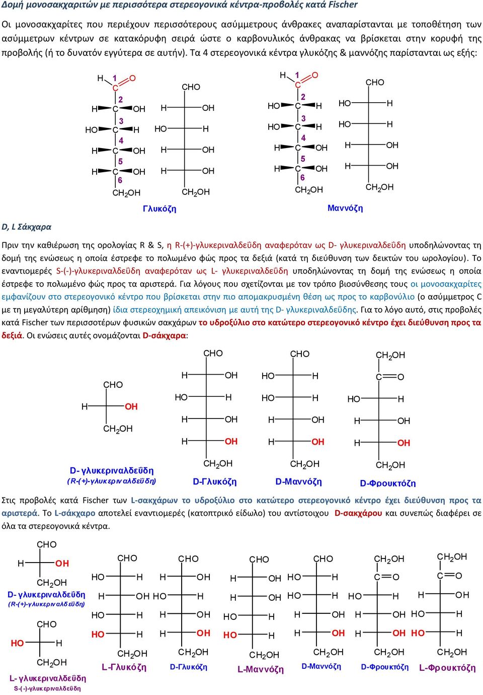Τα 4 στερεογονικά κέντρα γλυκόζης & μαννόζης παρίστανται ως εξής: 1 2 3 4 5 6 2 Γλυκόζη 2 1 2 3 4 5 6 2 2 Μαννόζη D, L Σάκχαρα Πριν την καθιέρωση της ορολογίας R & S, η R-(+)-γλυκεριναλδεΰδη