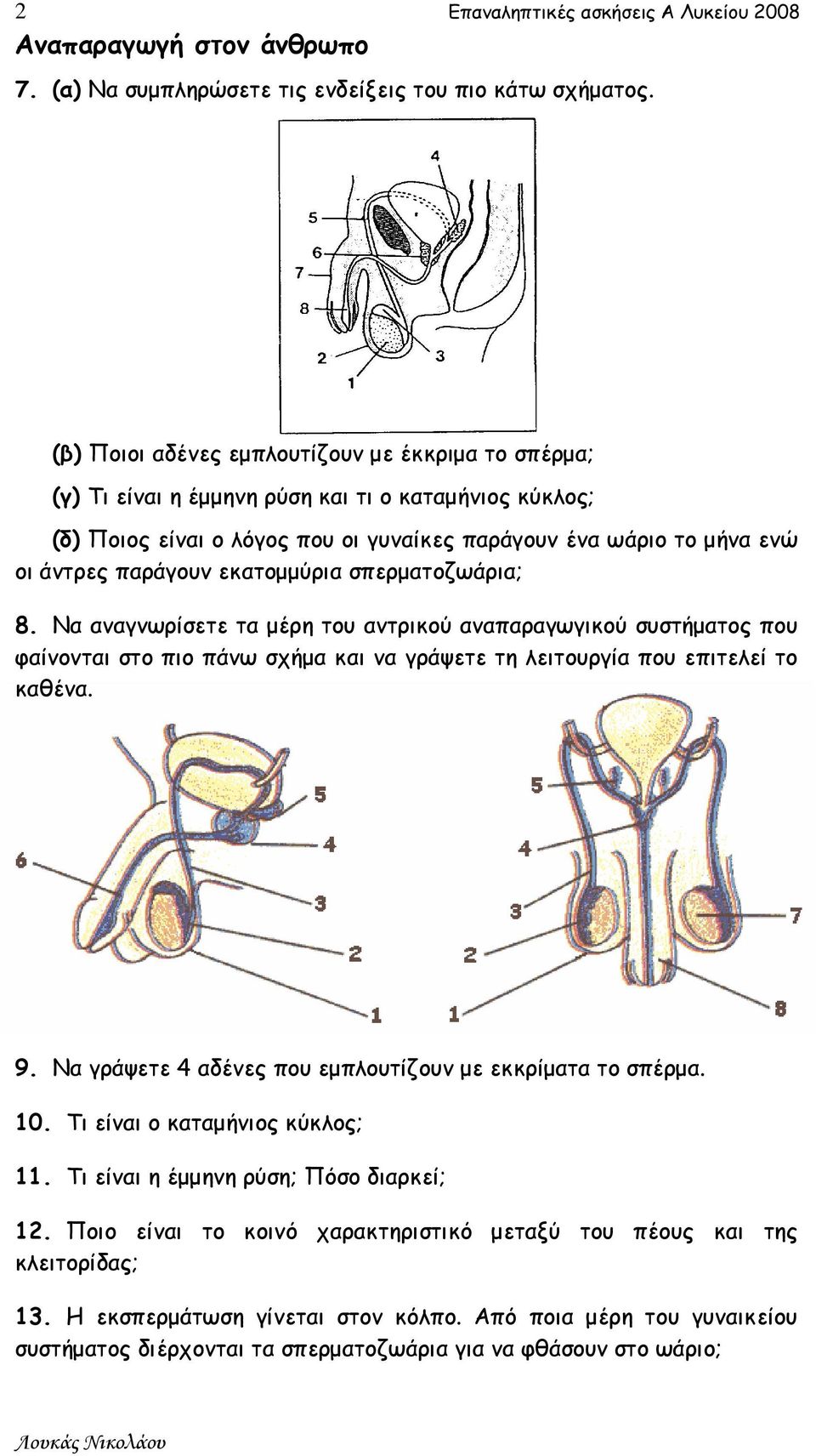εκατοµµύρια σπερµατοζωάρια; 8. Να αναγνωρίσετε τα µέρη του αντρικού αναπαραγωγικού συστήµατος που φαίνονται στο πιο πάνω σχήµα και να γράψετε τη λειτουργία που επιτελεί το καθένα. 9.