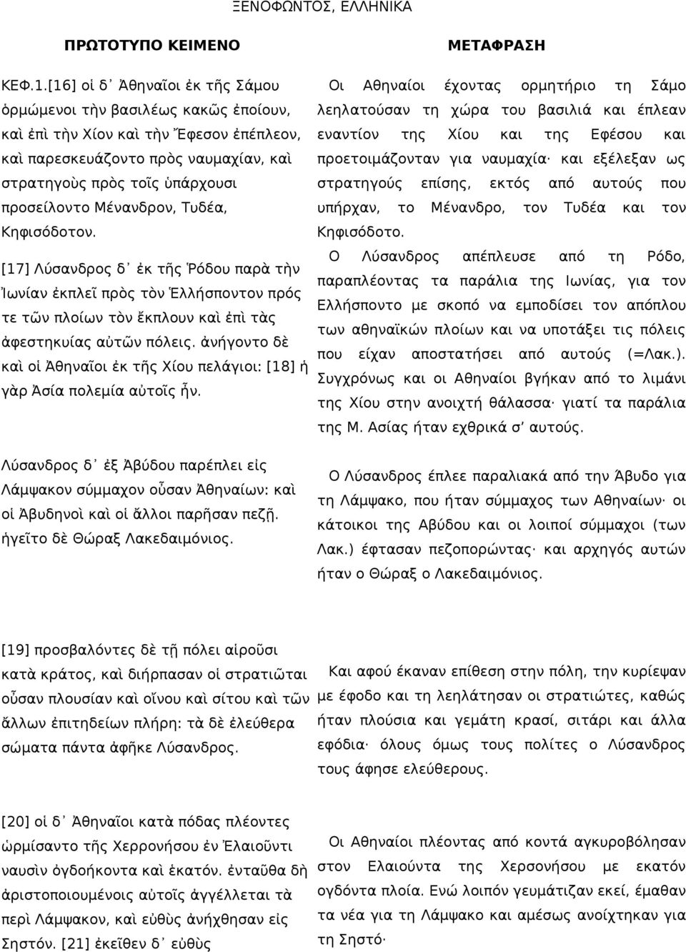 Μένανδρον, Τυδέα, Κηφισόδοτον. [17] Λύσανδρος δ ἐκ τῆς Ῥόδου παρὰ τὴν Ἰωνίαν ἐκπλεῖ πρὸς τὸν Ἑλλήσποντον πρός τε τῶν πλοίων τὸν ἔκπλουν καὶ ἐπὶ τὰς ἀφεστηκυίας αὐτῶν πόλεις.