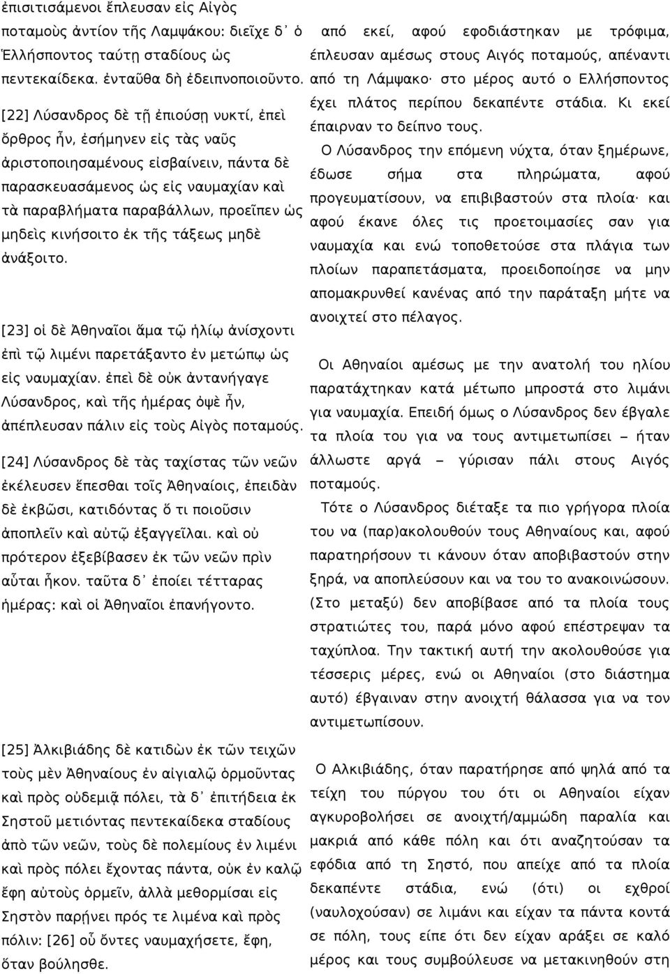 κινήσοιτο ἐκ τῆς τάξεως μηδὲ ἀνάξοιτο. [23] οἱ δὲ Ἀθηναῖοι ἅμα τῷ ἡλίῳ ἀνίσχοντι ἐπὶ τῷ λιμένι παρετάξαντο ἐν μετώπῳ ὡς εἰς ναυμαχίαν.