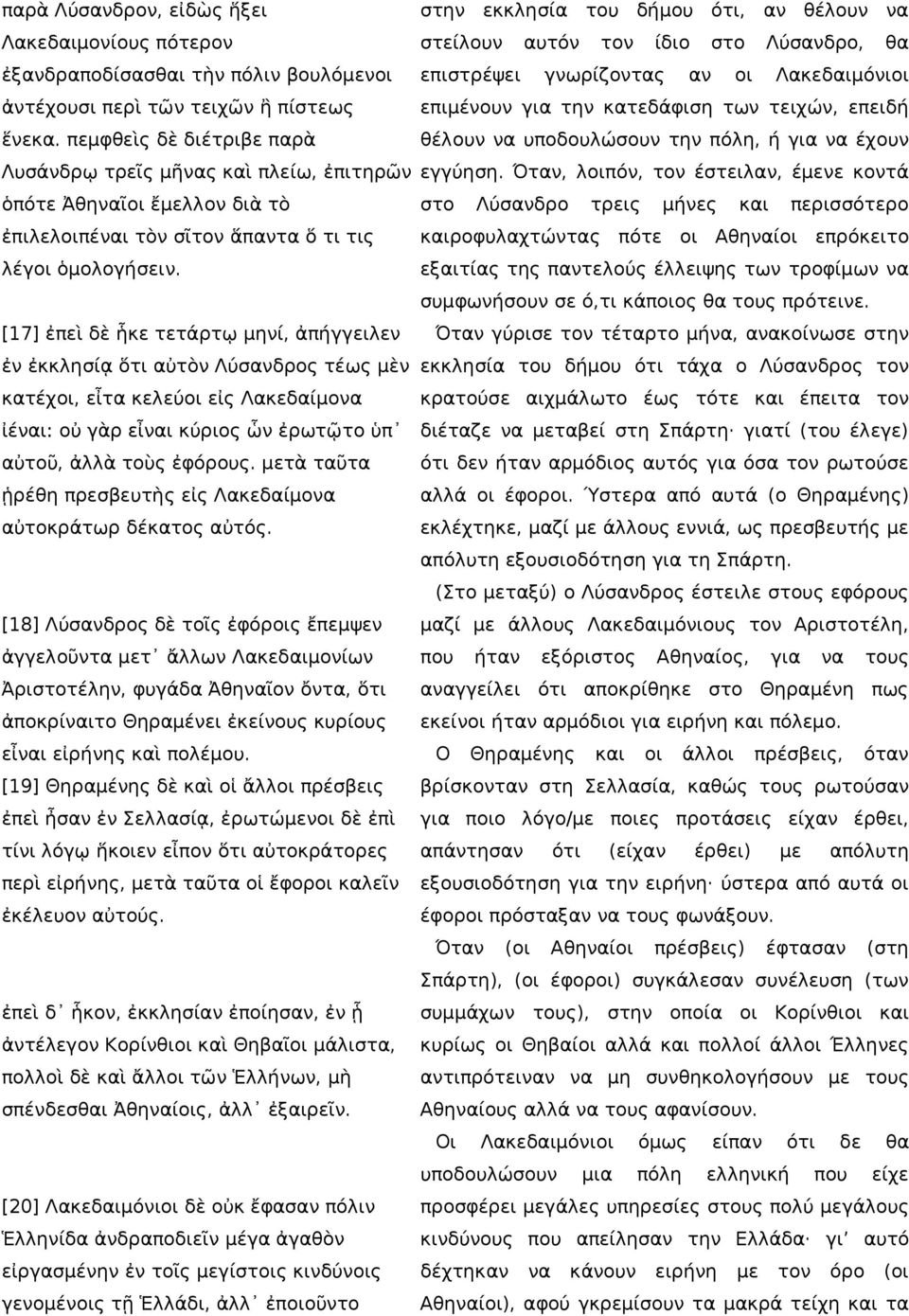 πεμφθεὶς δὲ διέτριβε παρὰ θέλουν να υποδουλώσουν την πόλη, ή για να έχουν Λυσάνδρῳ τρεῖς μῆνας καὶ πλείω, ἐπιτηρῶν εγγύηση.