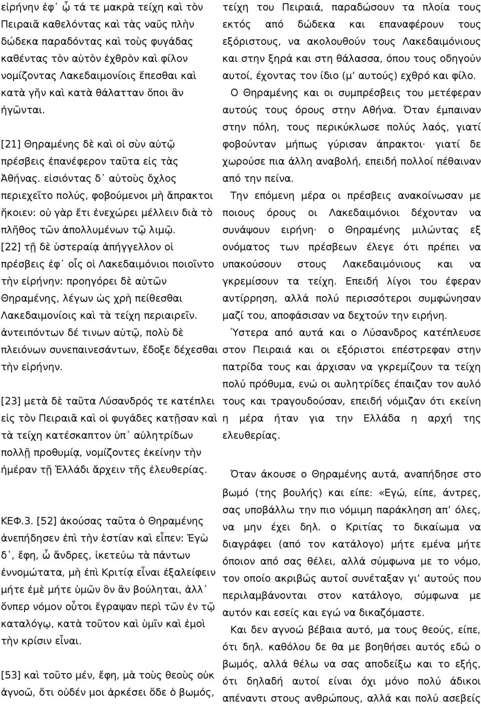 αυτούς) εχθρό και φίλο. κατὰ γῆν καὶ κατὰ θάλατταν ὅποι ἂν Ο Θηραμένης και οι συμπρέσβεις του μετέφεραν ἡγῶνται. αυτούς τους όρους στην Αθήνα.