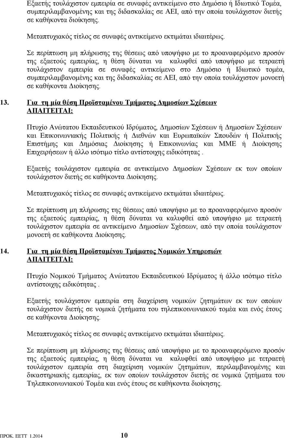 της εξαετούς εμπειρίας, η θέση δύναται να καλυφθεί από υποψήφιο με τετραετή τουλάχιστον εμπειρία σε συναφές αντικείμενο στο Δημόσιο ή Ιδιωτικό τομέα, συμπεριλαμβανομένης και της διδασκαλίας σε ΑΕΙ,