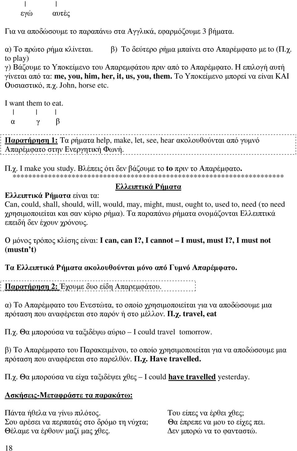 John, horse etc. I want them to eat. α γ β Παρατήρηση 1: Τα ρήµατα help, make, let, see, hear ακολουθούνται από γυµνό Απαρέµφατο στην Ενεργητική Φωνή. Π.χ. I make you study.