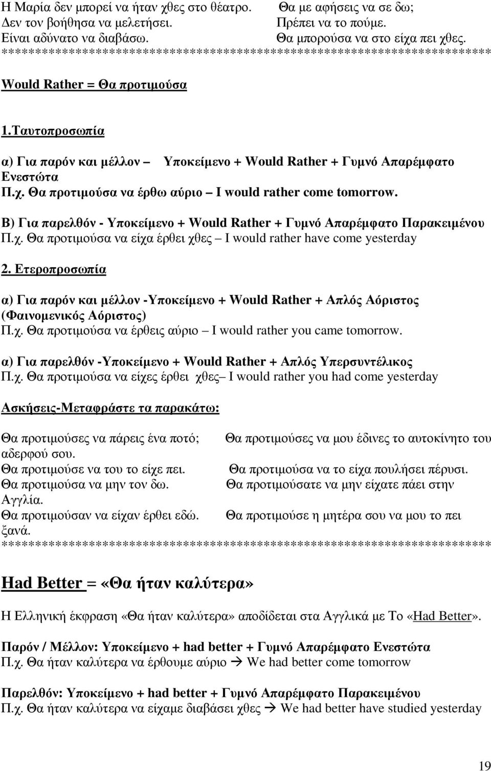 χ. Θα προτιµούσα να έρθω αύριο I would rather come tomorrow. Β) Για παρελθόν - Υποκείµενο + Would Rather + Γυµνό Απαρέµφατο Παρακειµένου Π.χ. Θα προτιµούσα να είχα έρθει χθες I would rather have come yesterday 2.