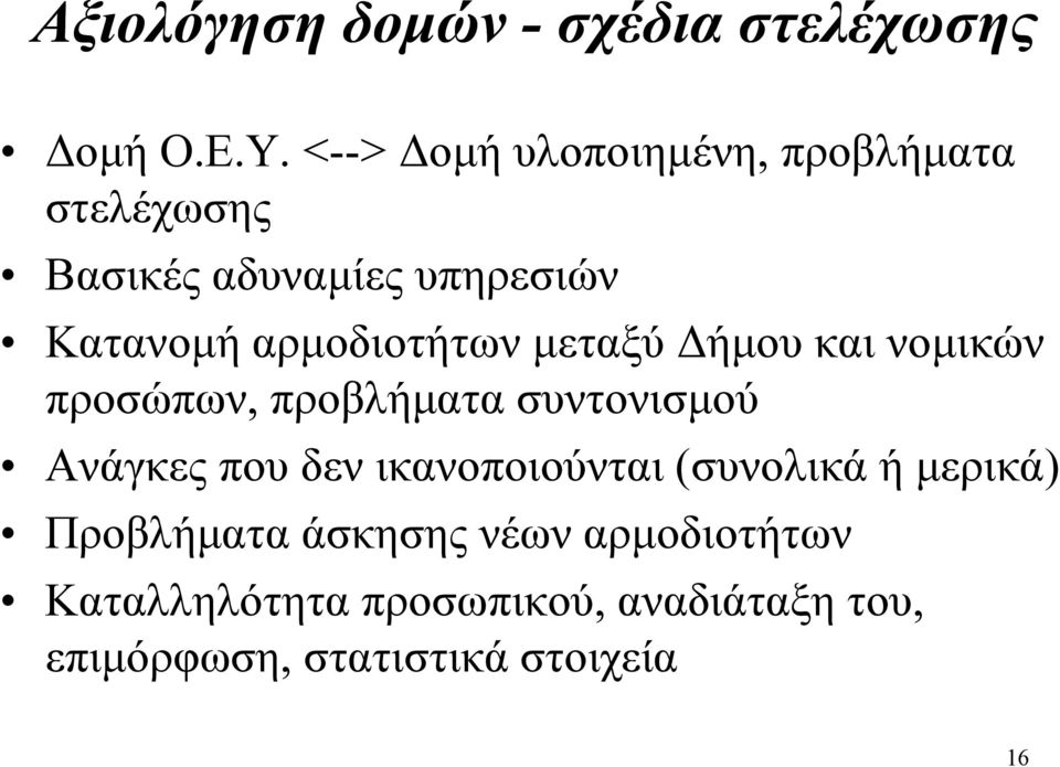 αρμοδιοτήτων μεταξύ Δήμου και νομικών προσώπων, προβλήματα συντονισμού Ανάγκες που δεν