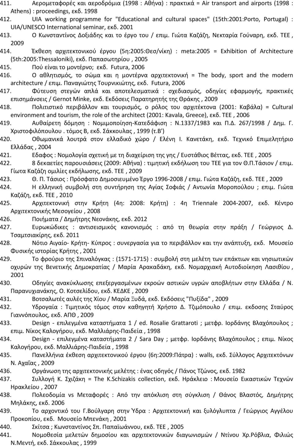 Γιώτα Καζάζη, Νεκταρία Γούναρη, εκδ. ΤΕΕ, 2009 414. Έκθεση αρχιτεκτονικού έργου (5η:2005:Θεσ/νίκη) : meta:2005 = Exhibition of Architecture (5th:2005:Thessaloniki), εκδ. Παπασωτηρίου, 2005 415.
