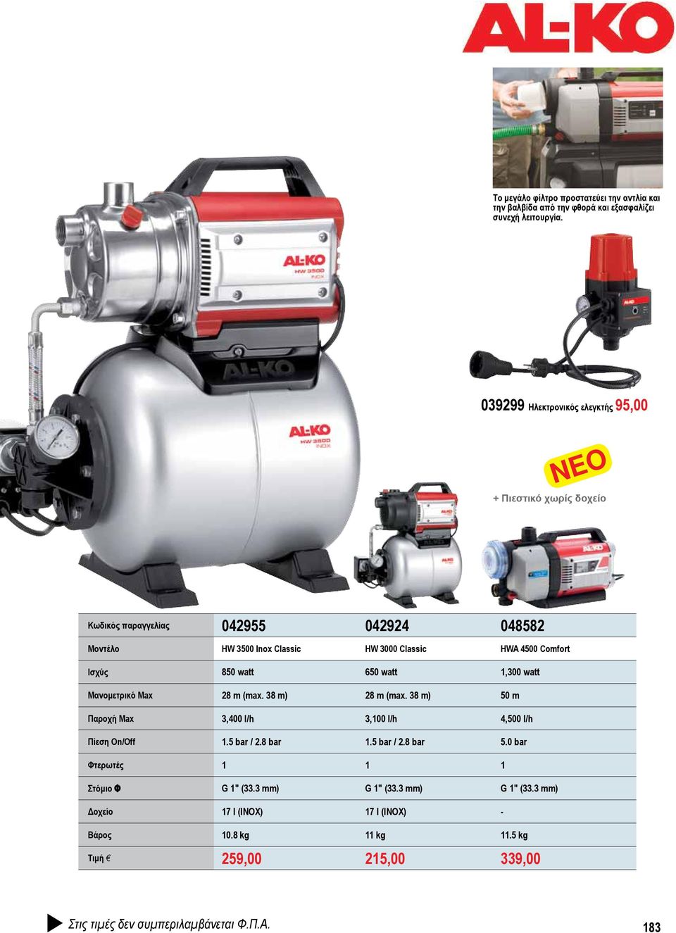 watt 650 watt 1,300 watt Μανομετρικό Max 28 m (max. 38 m) 28 m (max. 38 m) 50 m Παροχή Max 3,400 l/h 3,100 l/h 4,500 l/h Πίεση On/Off 1.5 bar / 2.8 bar 1.