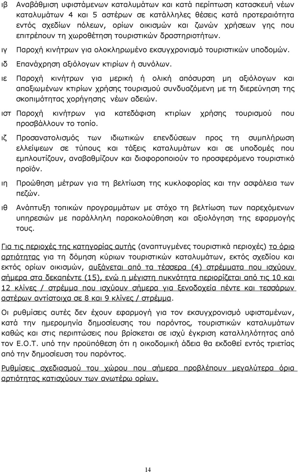 Παροχή κινήτρων για μερική ή ολική απόσυρση μη αξιόλογων και απαξιωμένων κτιρίων χρήσης τουρισμού συνδυαζόμενη με τη διερεύνηση της σκοπιμότητας χορήγησης νέων αδειών.