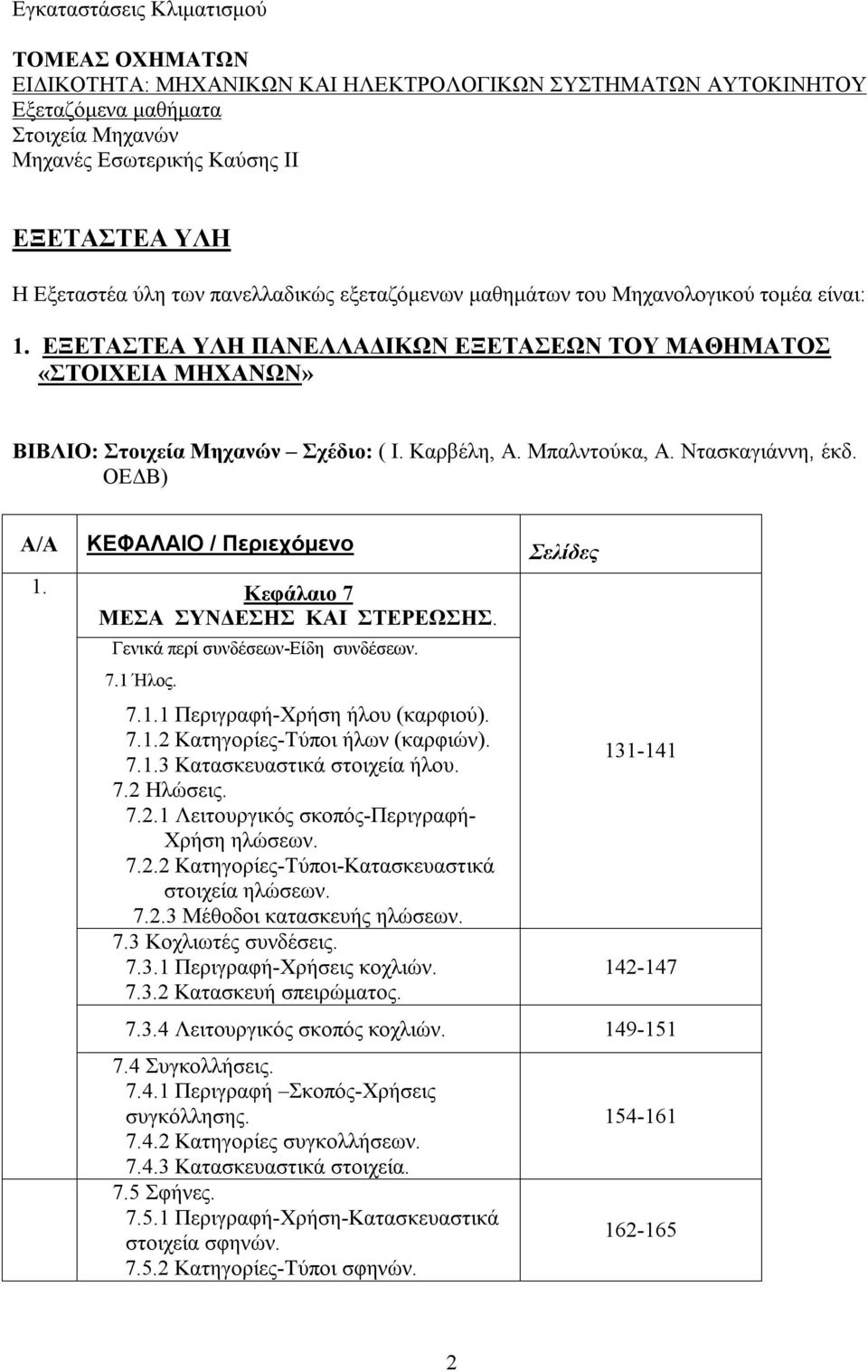 Μπαλντούκα, Α. Ντασκαγιάννη, έκδ. ΟΕΔΒ) Α/Α ΚΕΦΑΛΑΙΟ / Περιεχόμενο Σελίδες 1. Κεφάλαιο 7 ΜEΣΑ ΣΥΝΔΕΣΗΣ ΚΑΙ ΣΤΕΡEΩΣΗΣ. Γενικά περί συνδέσεων-είδη συνδέσεων. 7.1 Ήλος. 7.1.1 Περιγραφή-Χρήση ήλου (καρφιού).