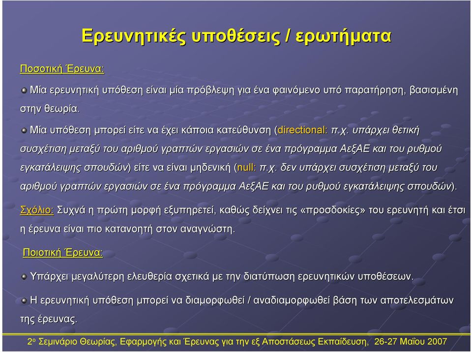 χ. δεν υπάρχει συσχέτιση μεταξύ του αριθμού γραπτών εργασιών σε ένα πρόγραμμα ΑεξΑΕ και του ρυθμού εγκατάλειψης σπουδών).