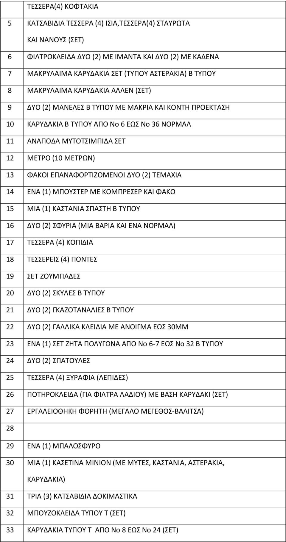 ΕΠΑΝΑΦΟΡΤΙΖΟΜΕΝΟΙ ΔΥΟ (2) ΤΕΜΑΧΙΑ 14 ΕΝΑ (1) ΜΠΟΥΣΤΕΡ ΜΕ ΚΟΜΠΡΕΣΕΡ ΚΑΙ ΦΑΚΟ 15 ΜΙΑ (1) ΚΑΣΤΑΝΙΑ ΣΠΑΣΤΗ Β ΤΥΠΟΥ 16 ΔΥΟ (2) ΣΦΥΡΙΑ (ΜΙΑ ΒΑΡΙΑ ΚΑΙ ΕΝΑ ΝΟΡΜΑΛ) 17 ΤΕΣΣΕΡΑ (4) ΚΟΠΙΔΙΑ 18 ΤΕΣΣΕΡΕΙΣ (4)