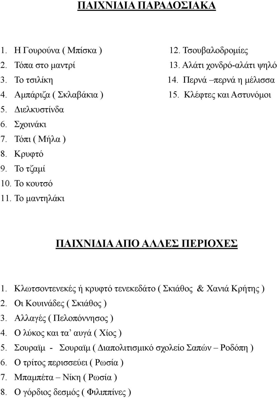 Το μαντηλάκι ΠΑΙΧΝΙΔΙΑ ΑΠΟ ΑΛΛΕΣ ΠΕΡΙΟΧΕΣ 1. Κλωτσοντενεκές ή κρυφτό τενεκεδάτο ( Σκιάθος & Χανιά Κρήτης ) 2. Οι Κουινάδες ( Σκιάθος ) 3.