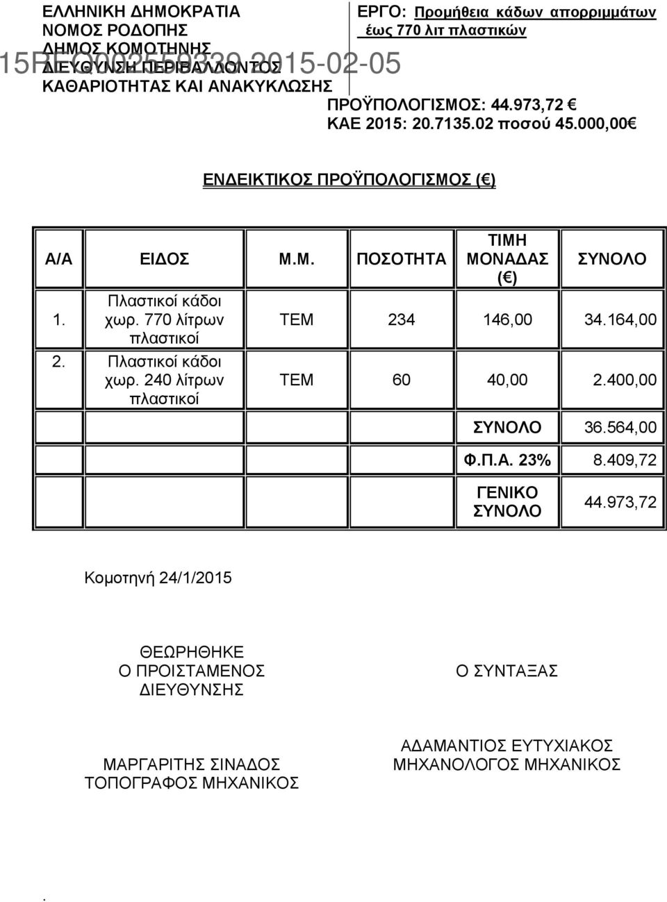 770 λίτρων πλαστικοί 2. Πλαστικοί κάδοι χωρ. 240 λίτρων πλαστικοί ΤΙΜΗ ΜΟΝΑΔΑΣ ( ) ΣΥΝΟΛΟ ΤΕΜ 234 146,00 34.164,00 ΤΕΜ 60 40,00 2.400,00 ΣΥΝΟΛΟ 36.564,00 Φ.Π.Α. 23% 8.