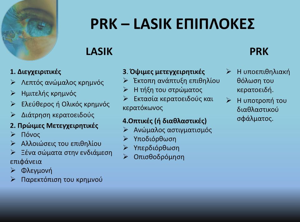 Πρώιμες Μετεγχειρητικές Πόνος Αλλοιώσεις του επιθηλίου Ξένα σώματα στην ενδιάμεση επιφάνεια Φλεγμονή Παρεκτόπιση του κρημνού 3.